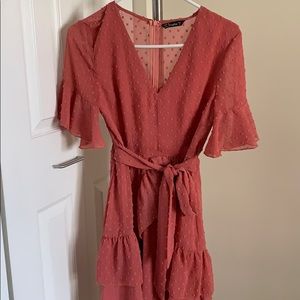 Swiss Dot Ruffle Hen Flounce Sleeve Belted Dress